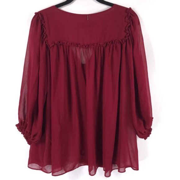 Misa Los Angeles Sheer Chiffon Wine Top V neck Pleated Ruffle Size MEDIUM - Picture 3 of 11